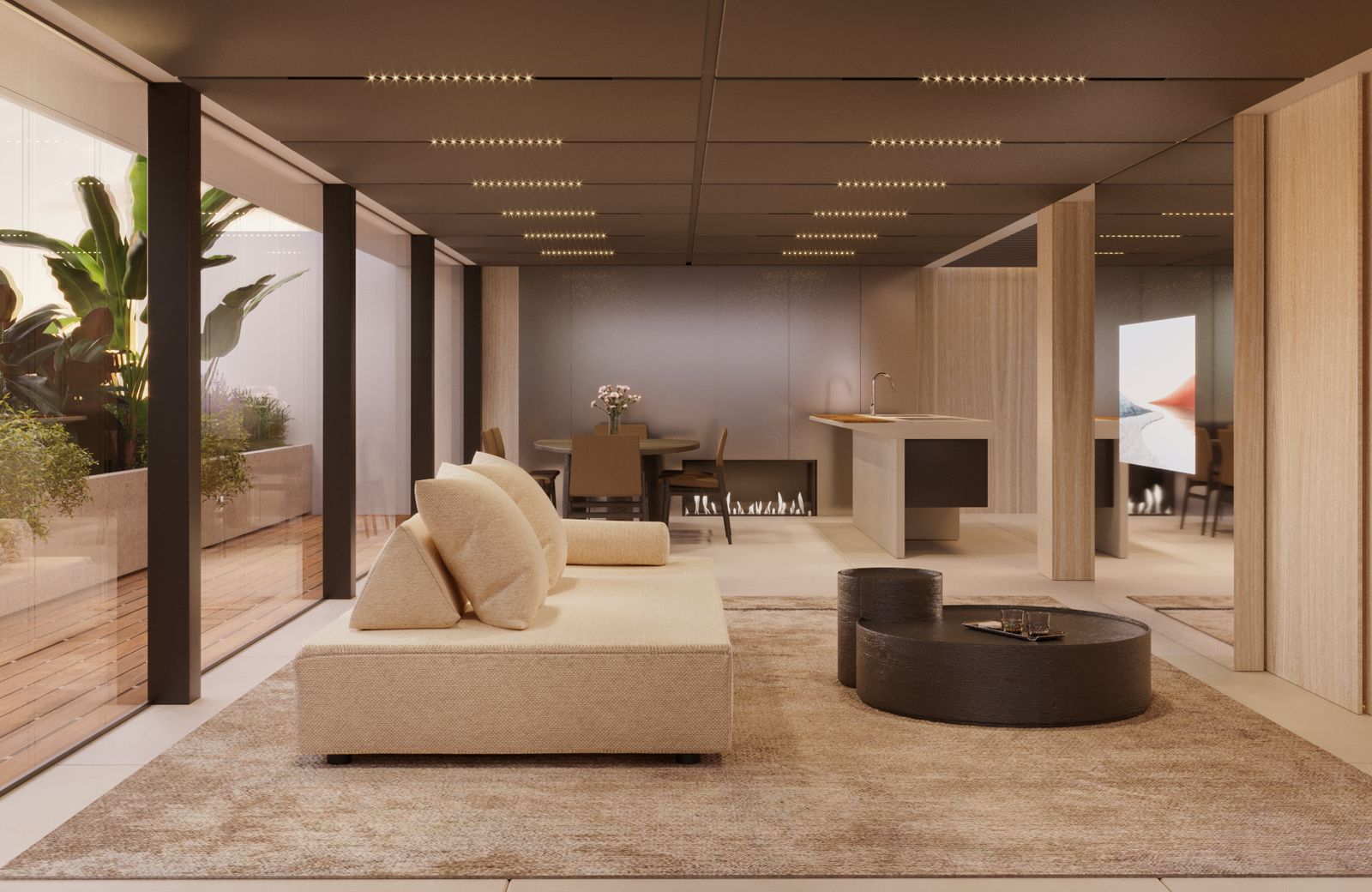 Living dell'attico con boiserie in legno e terrazzo verde